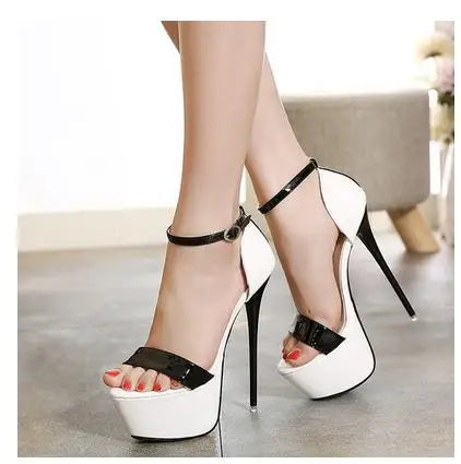 Aneikeh 2024 Fashion Peep Toe High-heeled Sandals Sexy 16CM High Heels  Buckle Strap Nightclub Party Shoes Big Size 40 Black