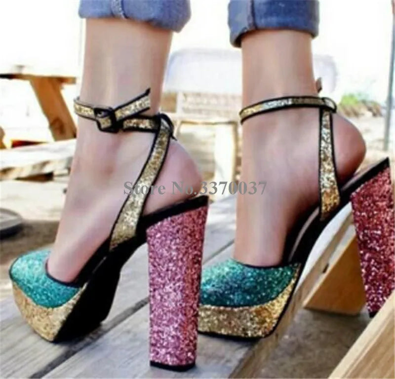 New Fashion Women Open Toe Gold High Platform Chunky Heel Pumps Mirror Patent Leather Ankle Strap High Heels Dress Shoes