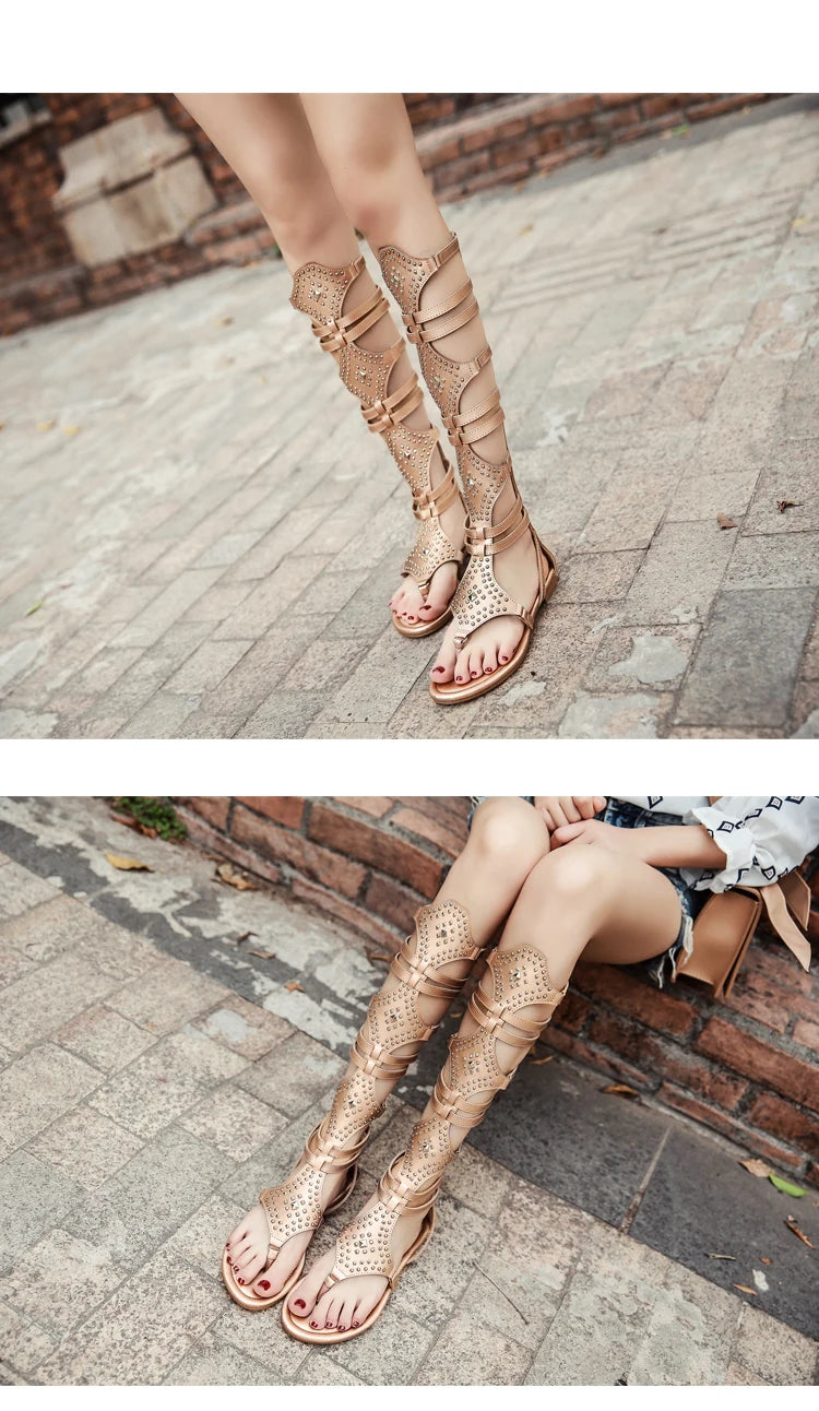 Eilyken 2024 New Golden Gladiator Roman Women Boots Sandals PU Leather Open Toe Knee High Rivet Leisure Flat Shoes