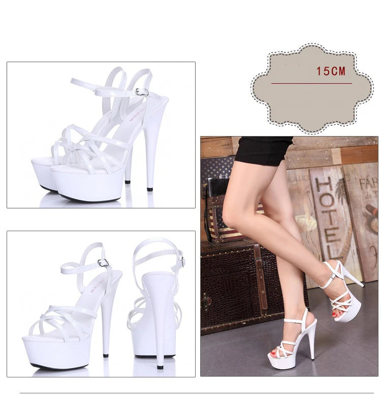 Hot! Women Summer Sandals Patent Leather Platform Sandals High-heeled Shoes 15cm  Fashion Shows Thin Heels Plus-size pumps 34-44