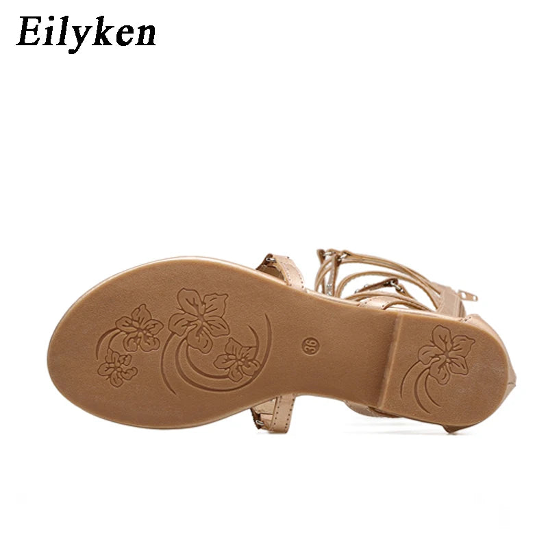 Eilyken 2024 New Golden Gladiator Roman Women Boots Sandals PU Leather Open Toe Knee High Rivet Leisure Flat Shoes