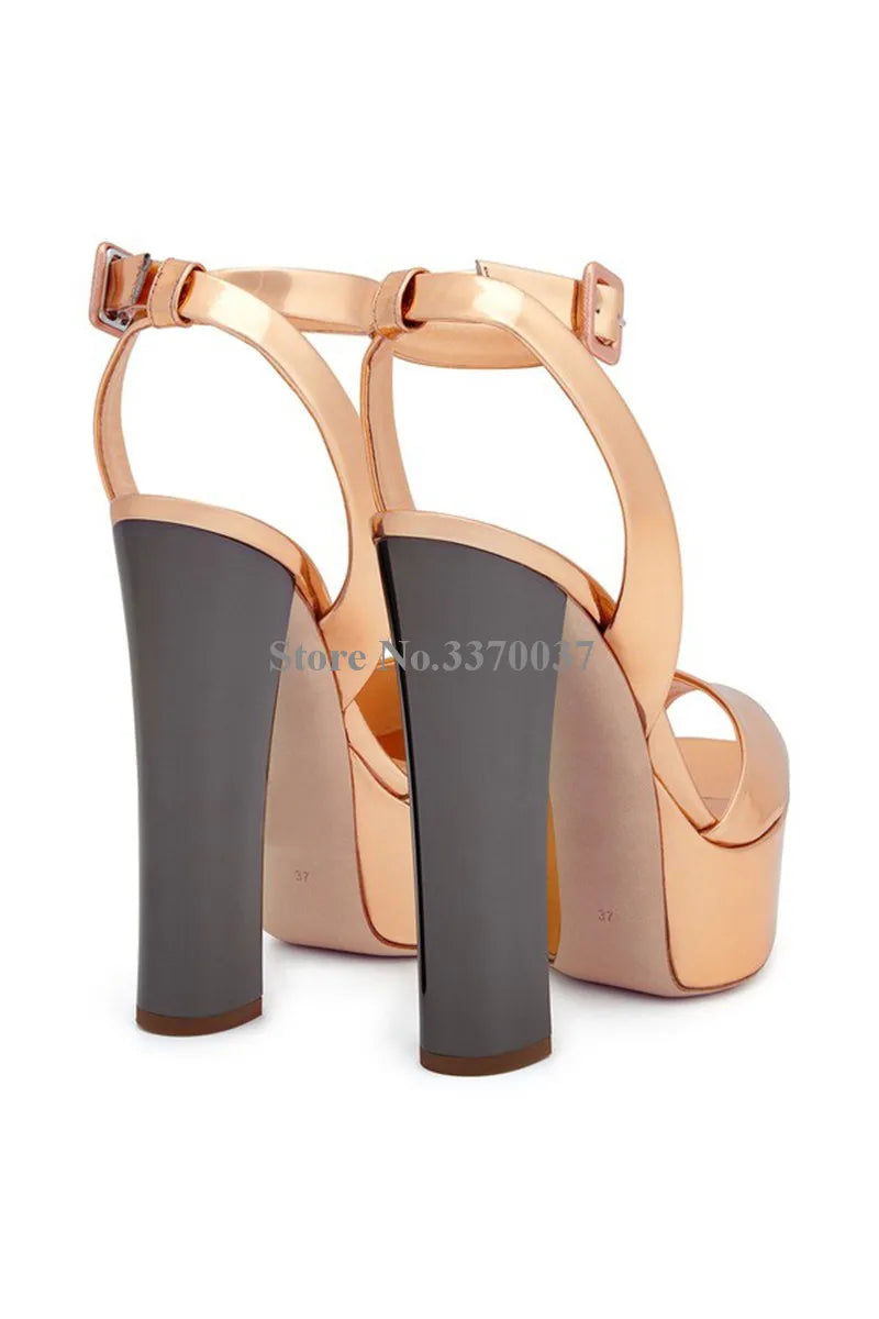 New Fashion Women Open Toe Gold High Platform Chunky Heel Pumps Mirror Patent Leather Ankle Strap High Heels Dress Shoes