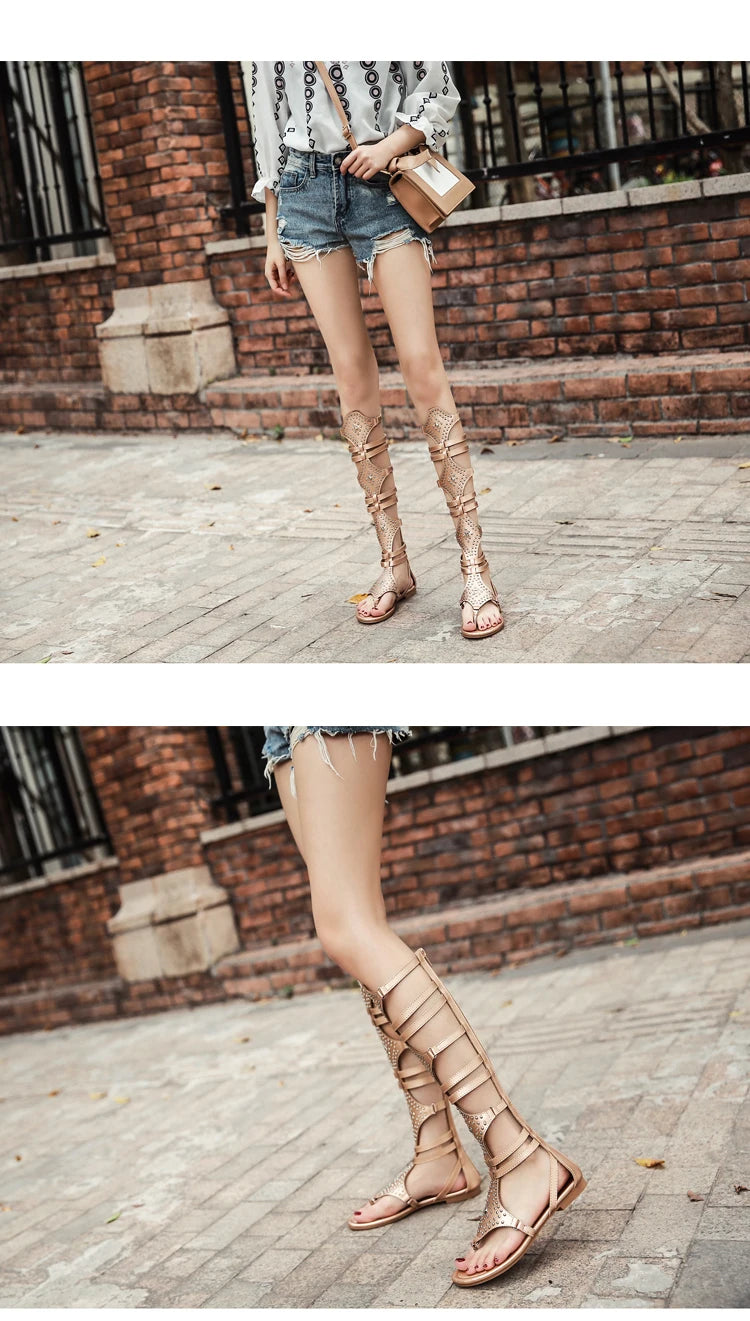 Eilyken 2024 New Golden Gladiator Roman Women Boots Sandals PU Leather Open Toe Knee High Rivet Leisure Flat Shoes