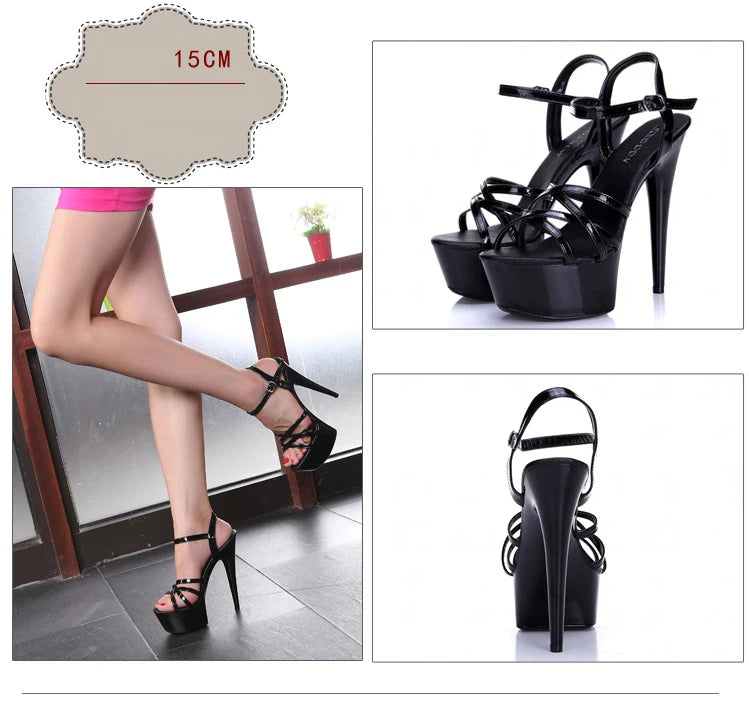 Hot! Women Summer Sandals Patent Leather Platform Sandals High-heeled Shoes 15cm  Fashion Shows Thin Heels Plus-size pumps 34-44