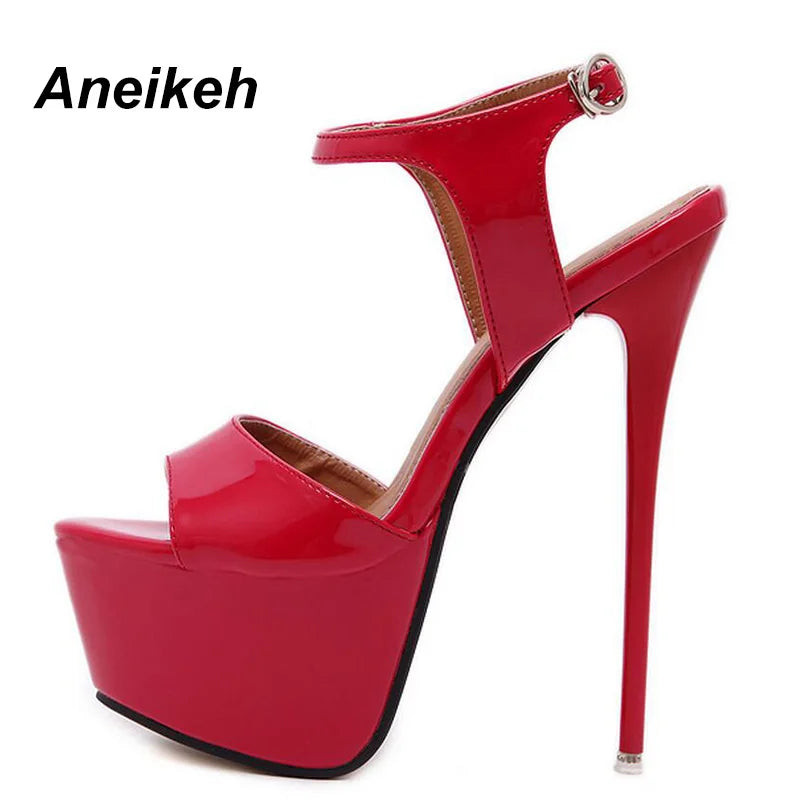 Aneikeh Hot Sales 2024 Summer Style Sexy 16cm Women Sandals High Heels Open Toe Buckles Nightclub Party Shoe Black Big Size 15