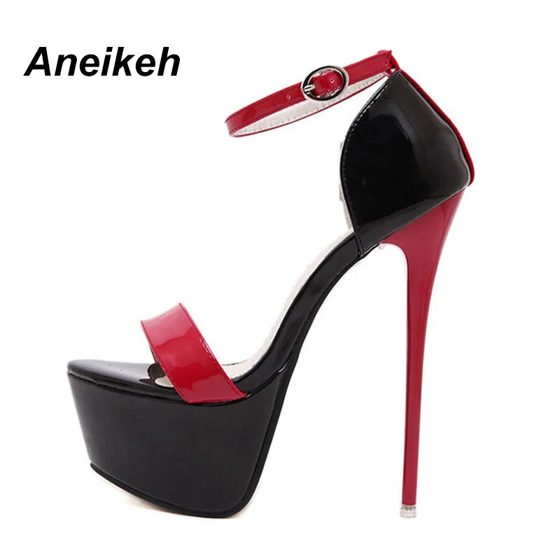 Aneikeh 2024 Fashion Peep Toe High-heeled Sandals Sexy 16CM High Heels  Buckle Strap Nightclub Party Shoes Big Size 40 Black