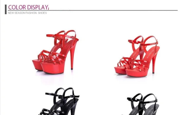 Hot! Women Summer Sandals Patent Leather Platform Sandals High-heeled Shoes 15cm  Fashion Shows Thin Heels Plus-size pumps 34-44