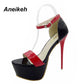 Aneikeh 2024 Fashion Peep Toe High-heeled Sandals Sexy 16CM High Heels  Buckle Strap Nightclub Party Shoes Big Size 40 Black