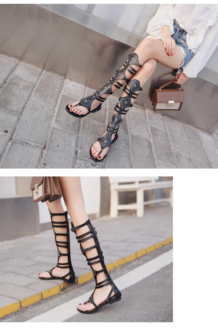 Eilyken 2024 New Golden Gladiator Roman Women Boots Sandals PU Leather Open Toe Knee High Rivet Leisure Flat Shoes