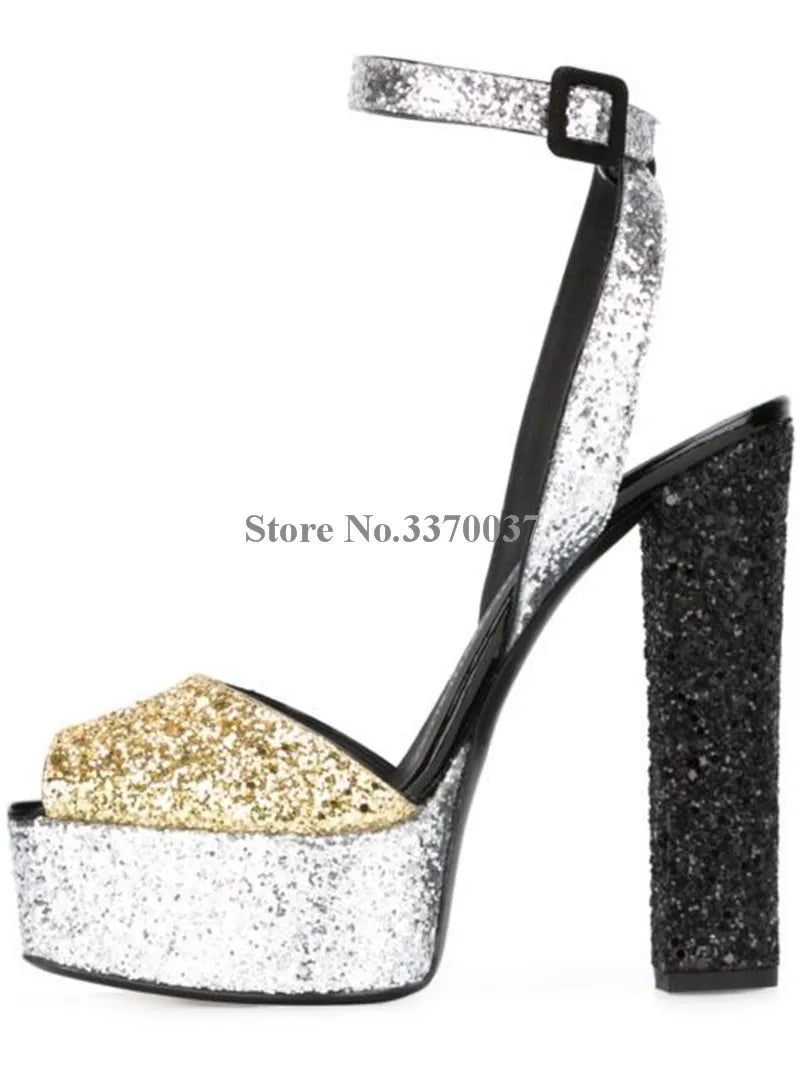 New Fashion Women Open Toe Gold High Platform Chunky Heel Pumps Mirror Patent Leather Ankle Strap High Heels Dress Shoes