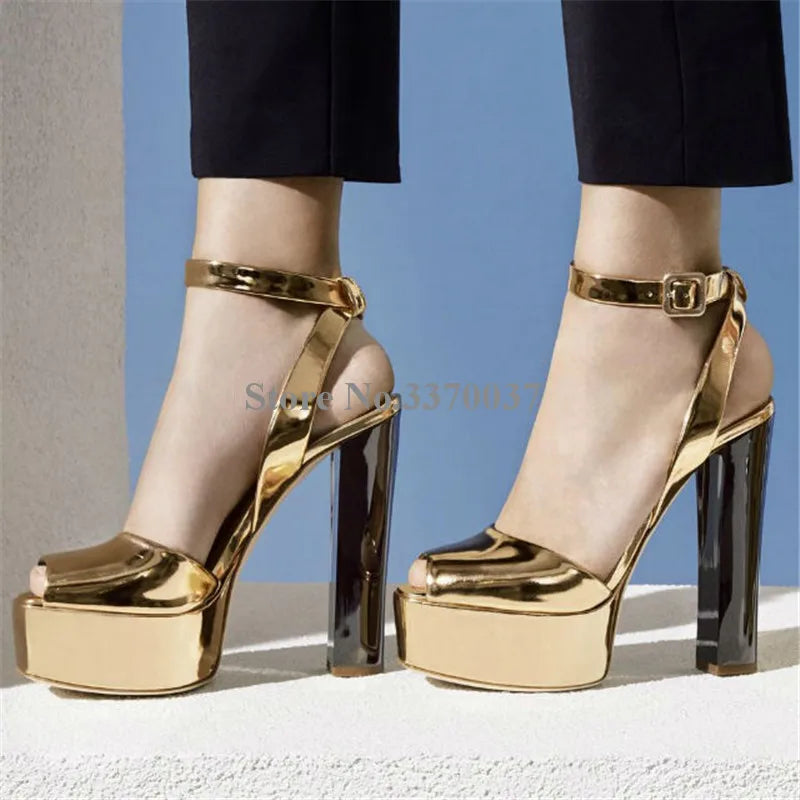 New Fashion Women Open Toe Gold High Platform Chunky Heel Pumps Mirror Patent Leather Ankle Strap High Heels Dress Shoes