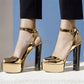 New Fashion Women Open Toe Gold High Platform Chunky Heel Pumps Mirror Patent Leather Ankle Strap High Heels Dress Shoes