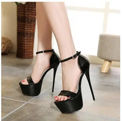 Aneikeh 2024 Fashion Peep Toe High-heeled Sandals Sexy 16CM High Heels  Buckle Strap Nightclub Party Shoes Big Size 40 Black