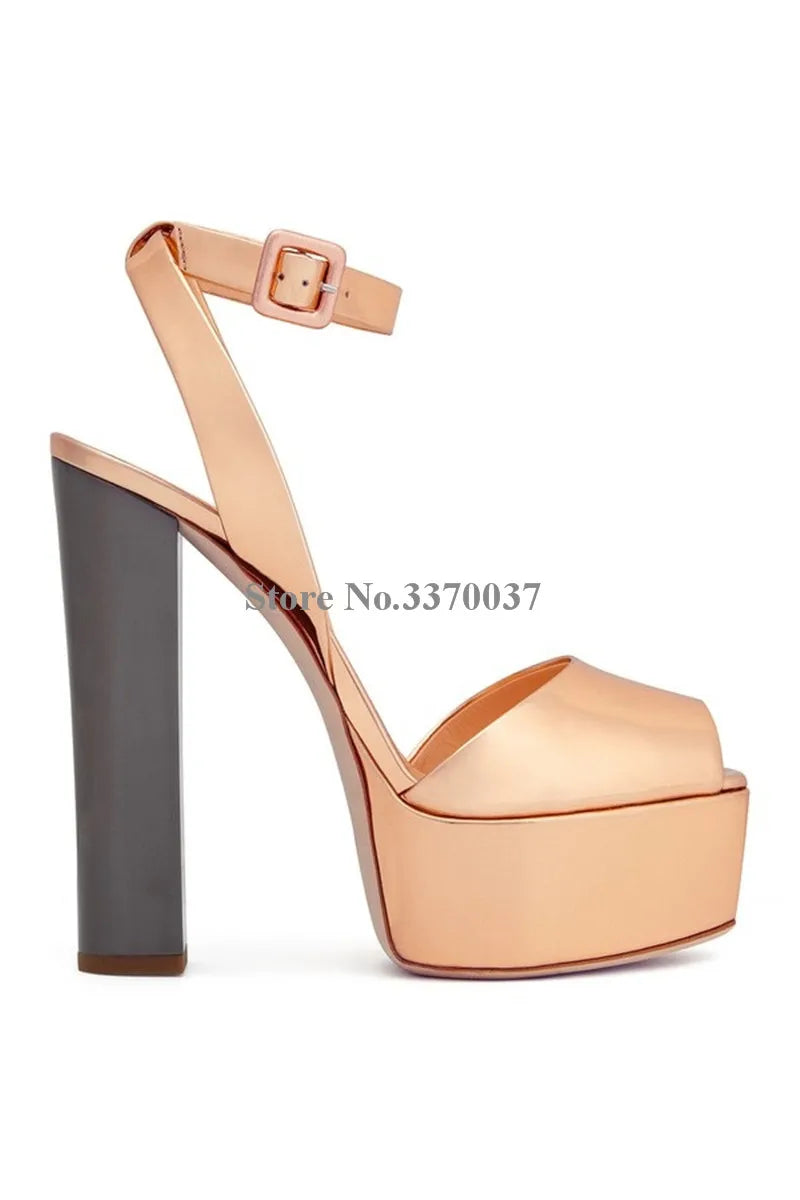 New Fashion Women Open Toe Gold High Platform Chunky Heel Pumps Mirror Patent Leather Ankle Strap High Heels Dress Shoes