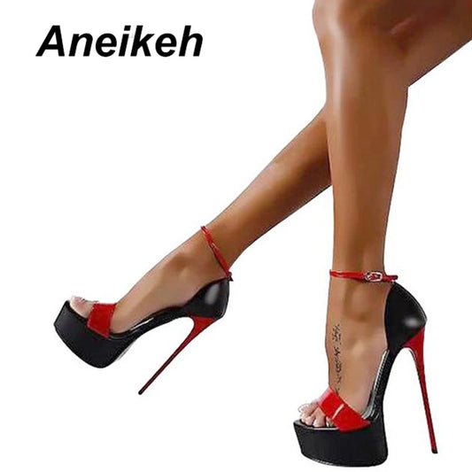 Aneikeh 2024 Fashion Peep Toe High-heeled Sandals Sexy 16CM High Heels  Buckle Strap Nightclub Party Shoes Big Size 40 Black