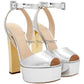 New Fashion Women Open Toe Gold High Platform Chunky Heel Pumps Mirror Patent Leather Ankle Strap High Heels Dress Shoes