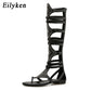 Eilyken 2024 New Golden Gladiator Roman Women Boots Sandals PU Leather Open Toe Knee High Rivet Leisure Flat Shoes