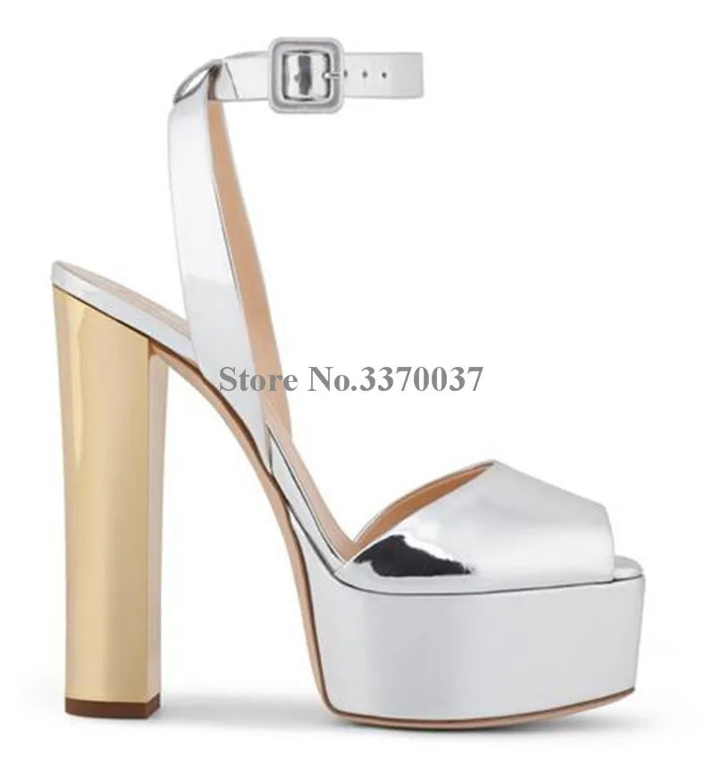 New Fashion Women Open Toe Gold High Platform Chunky Heel Pumps Mirror Patent Leather Ankle Strap High Heels Dress Shoes