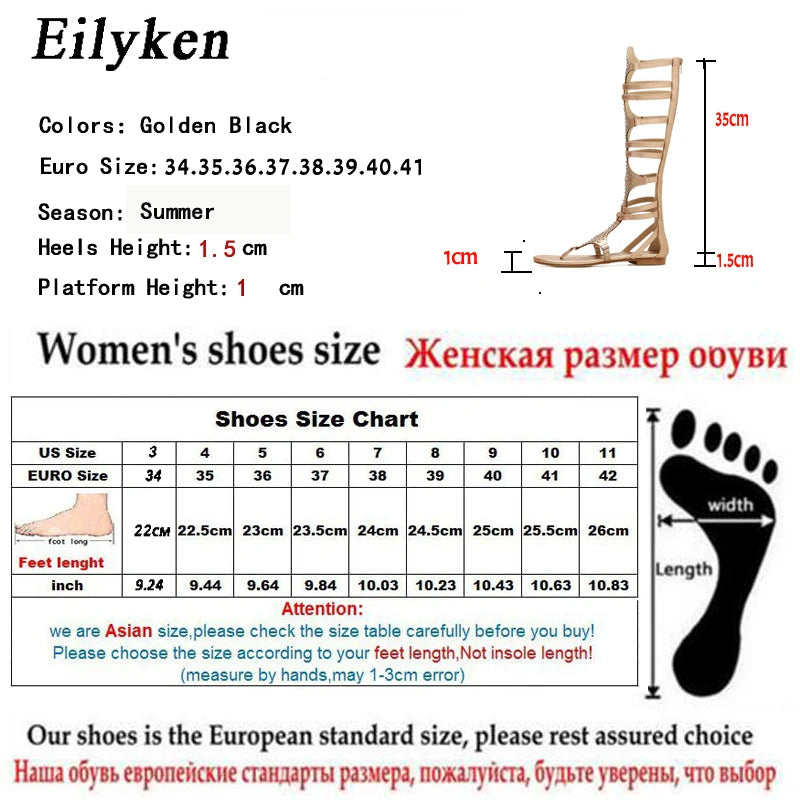 Eilyken 2024 New Golden Gladiator Roman Women Boots Sandals PU Leather Open Toe Knee High Rivet Leisure Flat Shoes