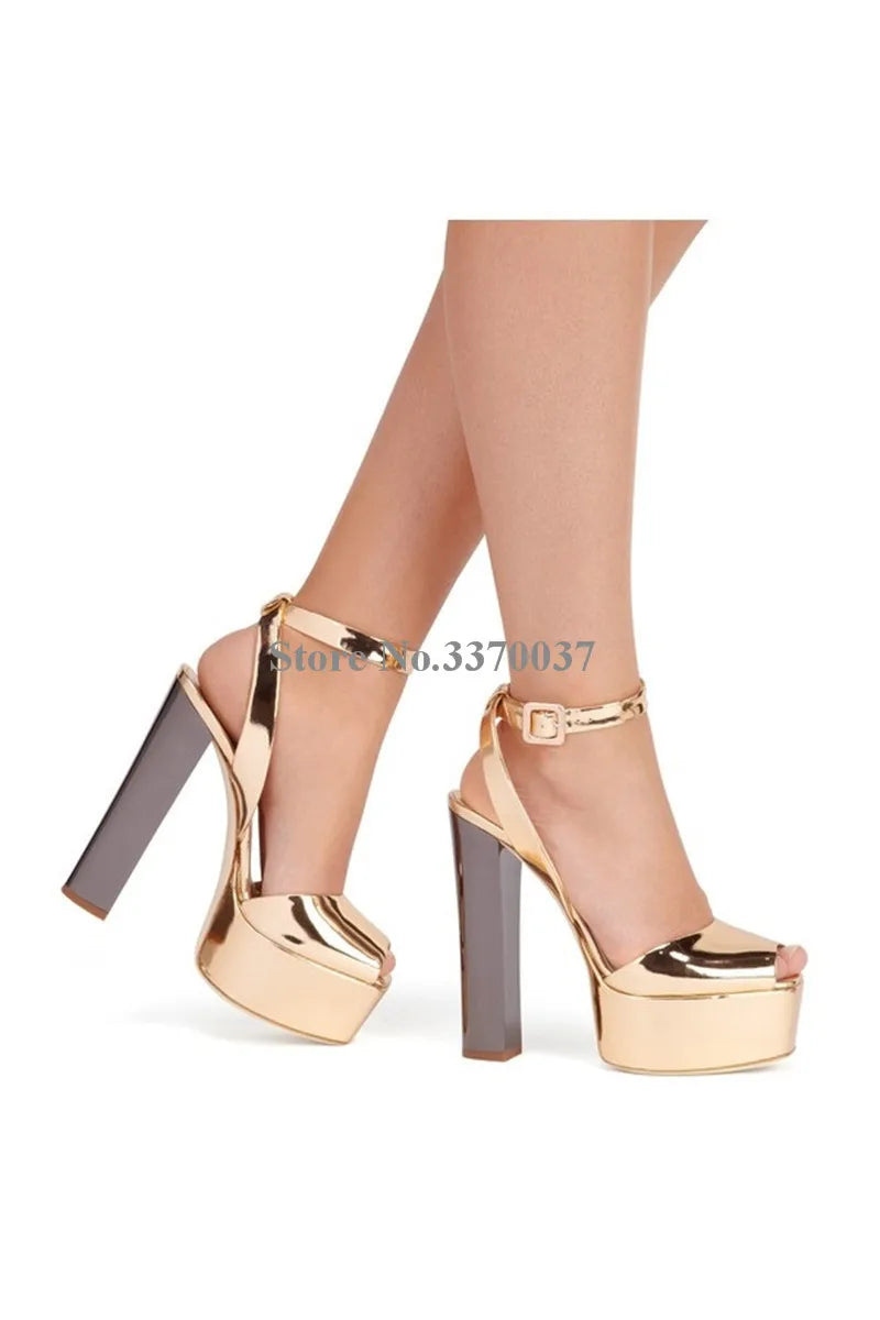 New Fashion Women Open Toe Gold High Platform Chunky Heel Pumps Mirror Patent Leather Ankle Strap High Heels Dress Shoes