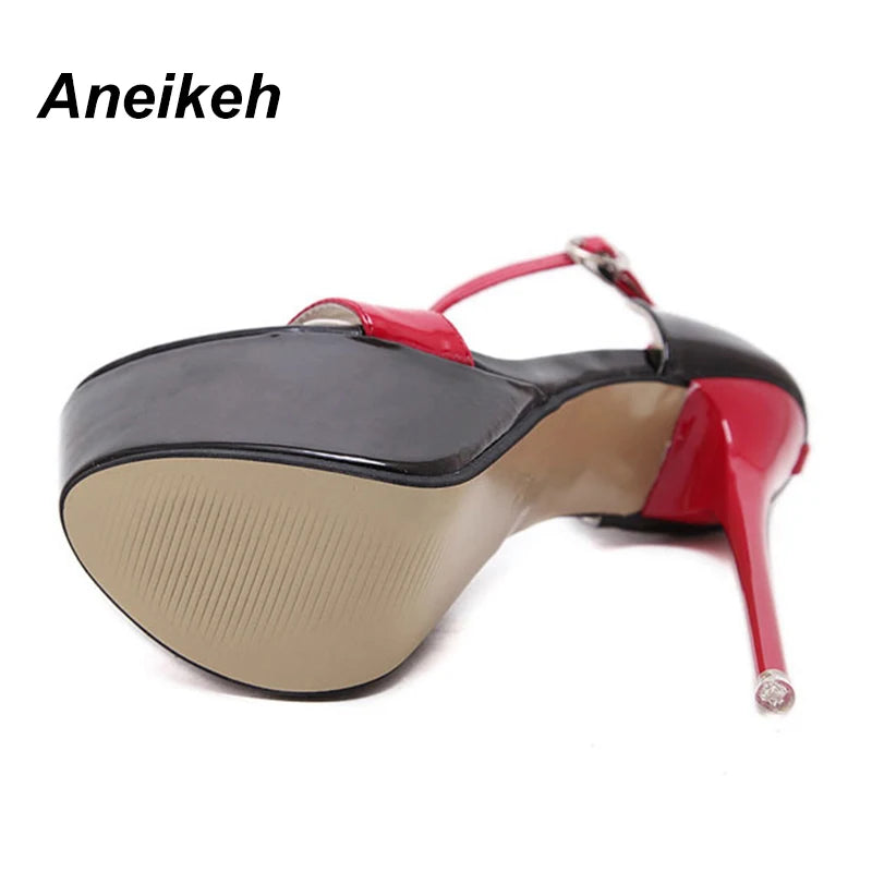 Aneikeh 2024 Fashion Peep Toe High-heeled Sandals Sexy 16CM High Heels  Buckle Strap Nightclub Party Shoes Big Size 40 Black