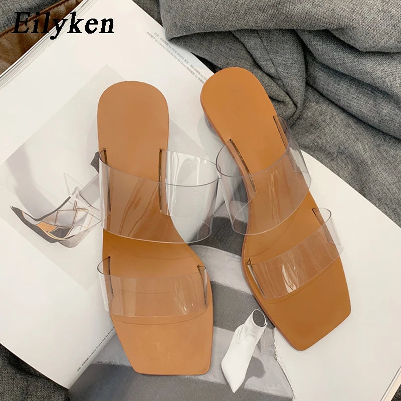 Eilyken Summer PVC Transparent Women Slipper Designer Crystal Heels Beach Sandals Square Toe Slides Shoes Large Size  43