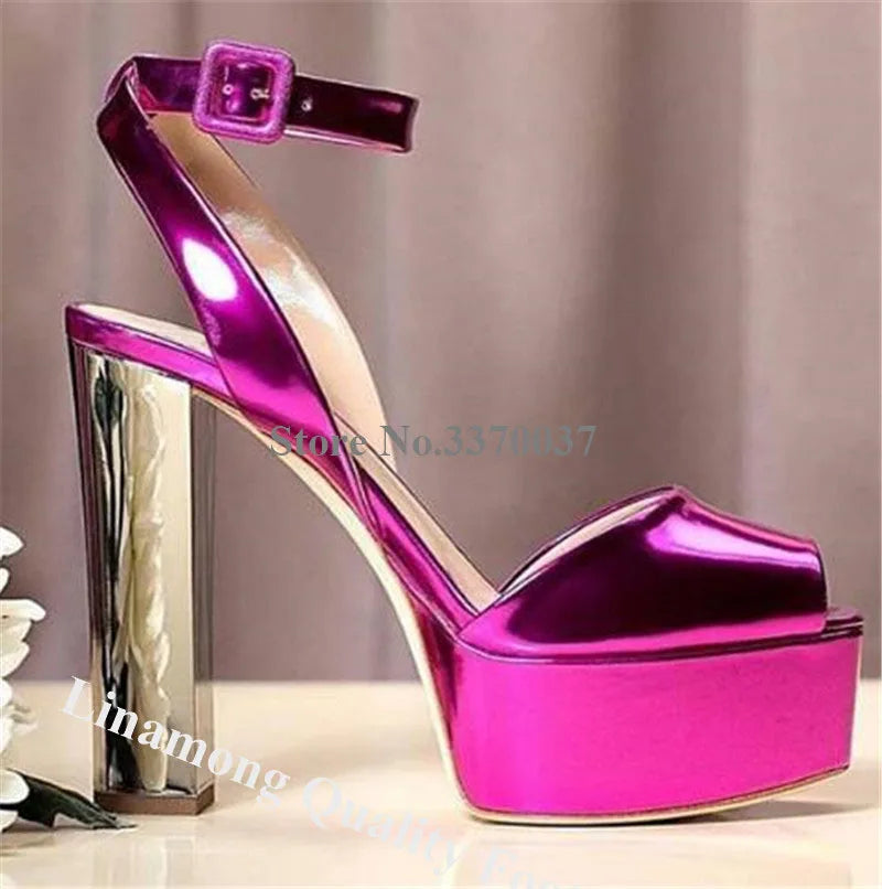 New Fashion Women Open Toe Gold High Platform Chunky Heel Pumps Mirror Patent Leather Ankle Strap High Heels Dress Shoes