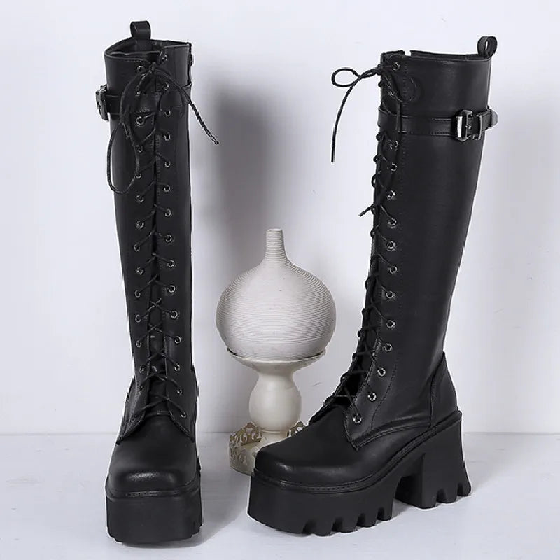 Chunky Knee High Boots Women Platform Goth Punk Heels PU Leather Black Retro Long Winter Shoes Female Lace Up Rain Boot