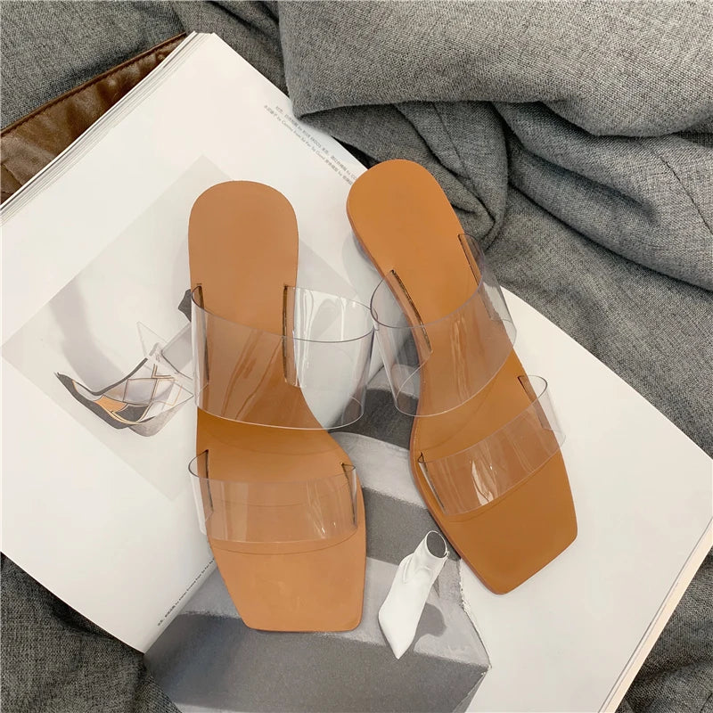 Eilyken Summer PVC Transparent Women Slipper Designer Crystal Heels Beach Sandals Square Toe Slides Shoes Large Size  43