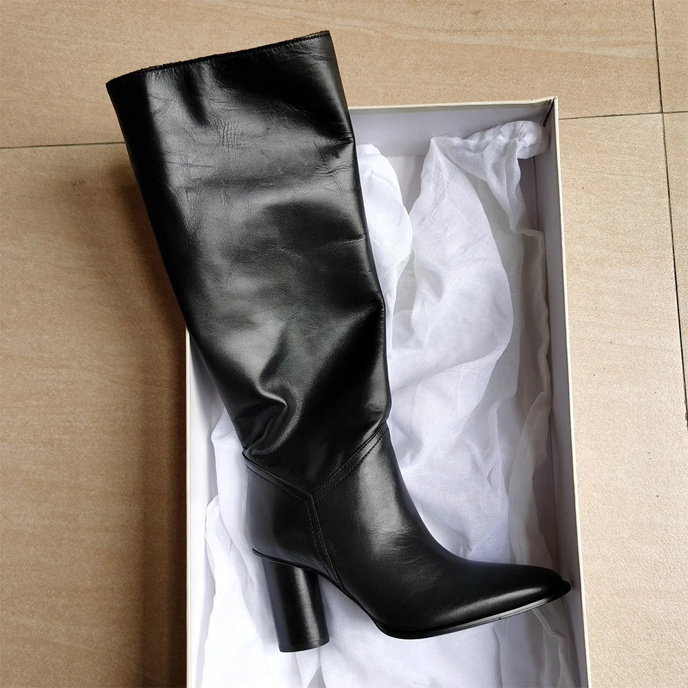 QUTAA  Fashion Women Winter Genuine Leather Knee High Boots Lady Pointed Toe High Heels Party Shoes INS Woman Long Boots 34-43