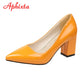 Aphixta New 2.9Inch Pointed Tou Patent Leather Shoes Women Pumps Purple Colorful Thick Heels Work Pointed Toe Heels Plus Size 50