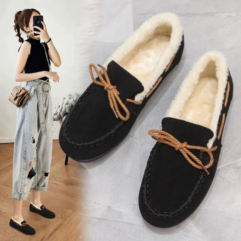 Classic Fur Flats for Women Winter Casual Slip on Round Toe Shoes for Women Warm Plush Platform Flats Plus Size