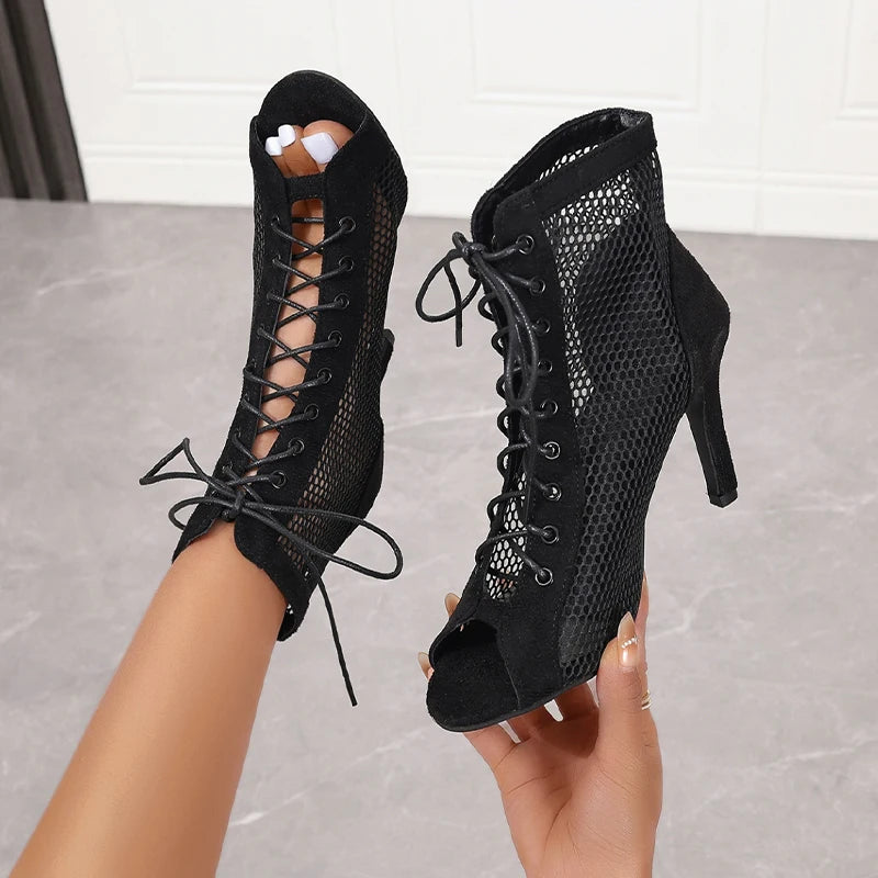 New Women Fashion Show Net Fabric Cross Strap Sexy High Heel Sandals Woman Shoes Pumps Lace-up Peep Toe Sandals Casual Mesh