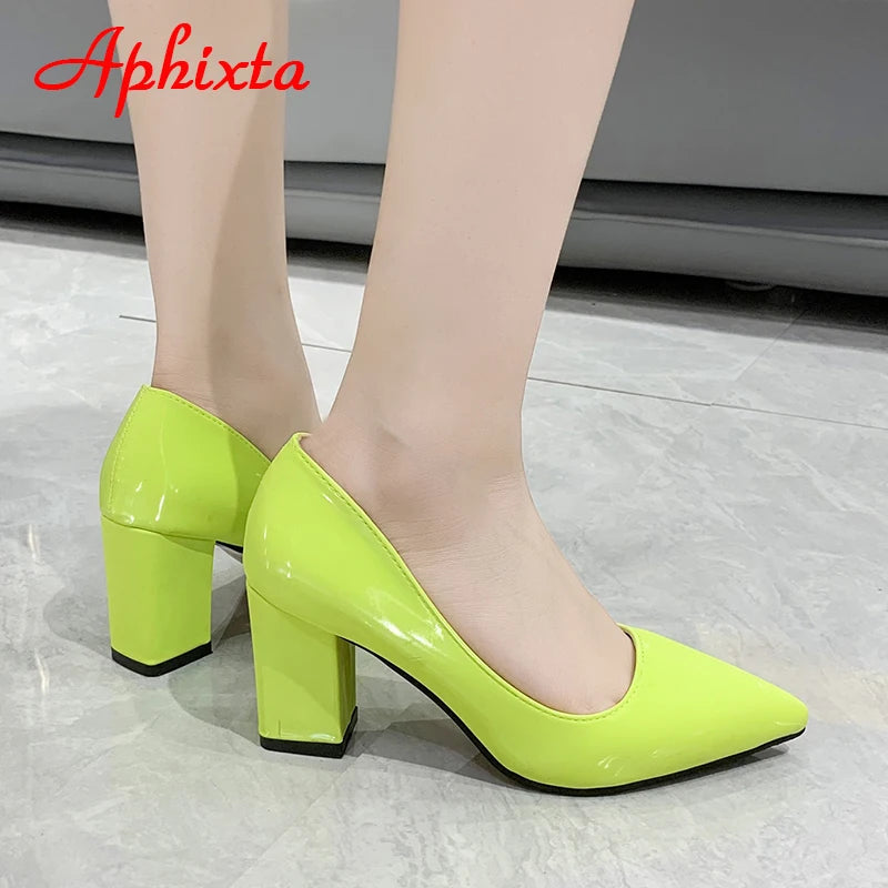 Aphixta New 2.9Inch Pointed Tou Patent Leather Shoes Women Pumps Purple Colorful Thick Heels Work Pointed Toe Heels Plus Size 50