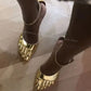 Golden Brass Five Fingers Black Satin Sandals Ankle Buckle Strap Women Shoes Thin High Heels New Runway 2024 Zapatos Para Mujere