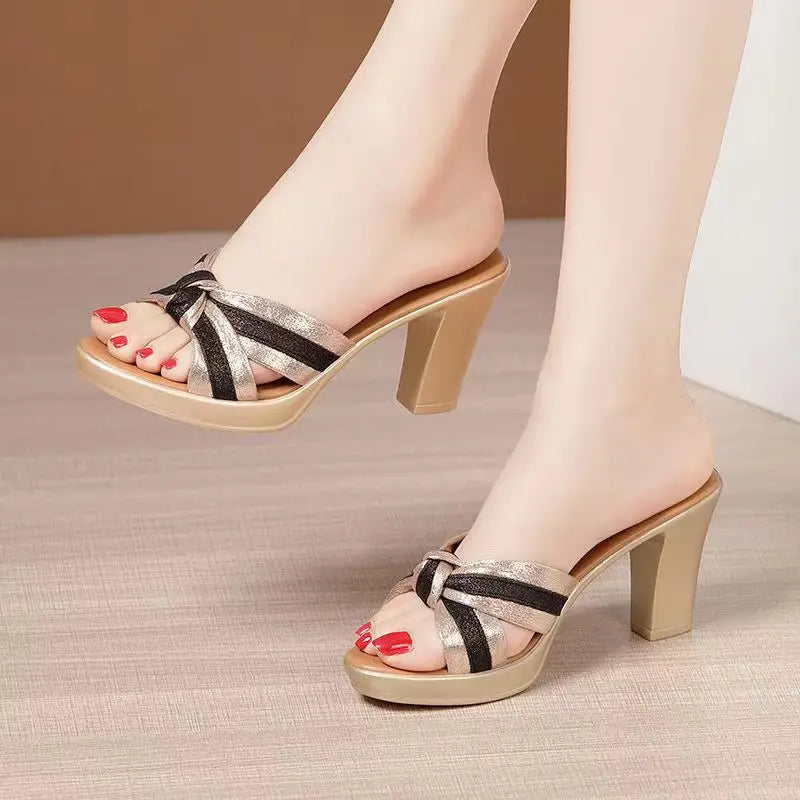 New Brand High Heels Shoes Women Chunky Slippers Summer Designer Party Pumps Ladies Sandals Sexy Dress Slides Flip Flops