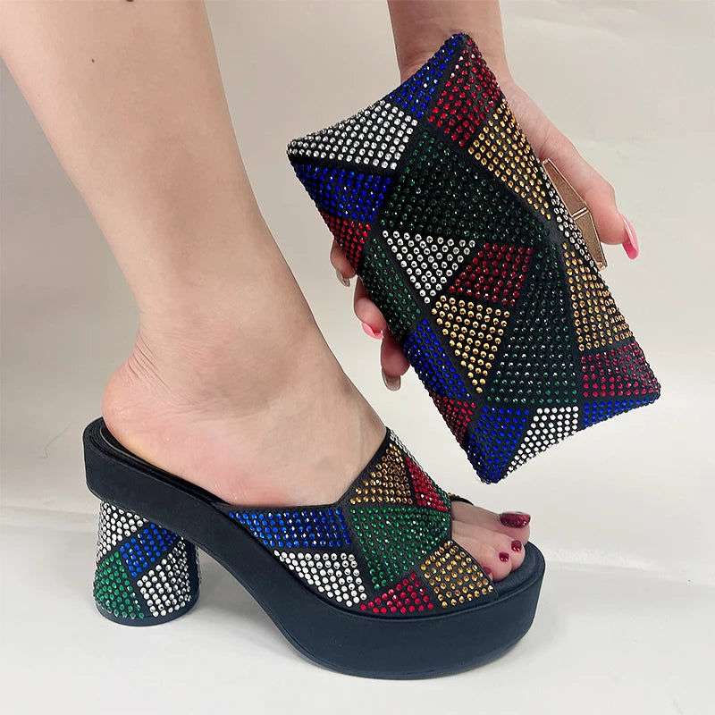 Fashion Italian Designers 2023 Luxury Elegant Patchwork Clutch Bag Bright Diamond Summer party Women's Platfrom High Heels Shoes