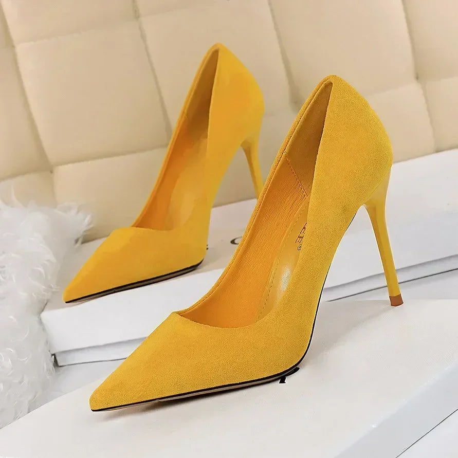 Women 9cm High Heels Daily Party Colorful Suede Pumps Lady Scarpins Stiletto Evening Banquet Red Yellow Shoes Plus Size 34-43