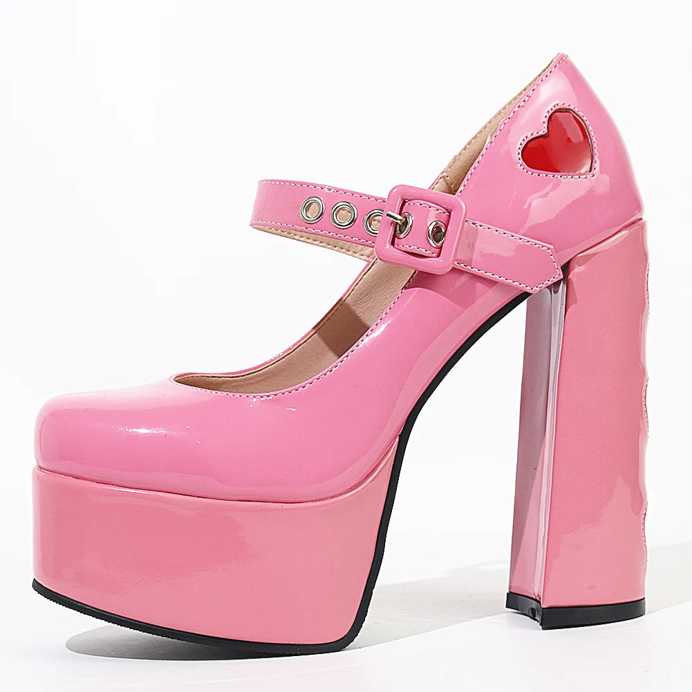 Luxury Designer Marry Janes Pumps For Women Love Heart High Heels Buckle Platform Punk Chunky Pink Wedding Party women's Shoes