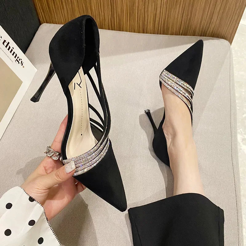 Pumps Women New Autumn Evening Party High Heels Ladies Pointed Toe Nude Leather Black Suede Gold Patent Leather Strappy