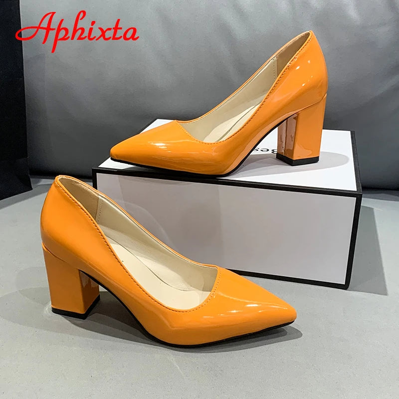 Aphixta New 2.9Inch Pointed Tou Patent Leather Shoes Women Pumps Purple Colorful Thick Heels Work Pointed Toe Heels Plus Size 50