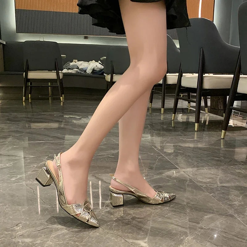 2024 Fashion Women Leather 3cm High Heels Lady Pointe Toe Gold Heels Sandals Female Wedding Bridal Shoes women's High heel shoes