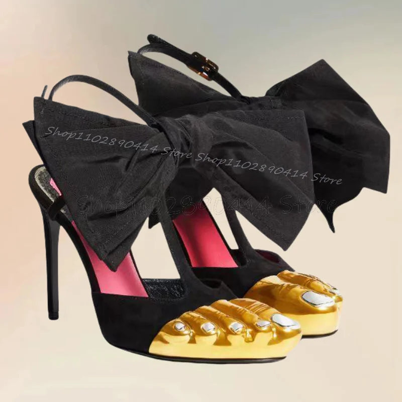 Golden Brass Five Fingers Black Satin Sandals Ankle Buckle Strap Women Shoes Thin High Heels New Runway 2024 Zapatos Para Mujere