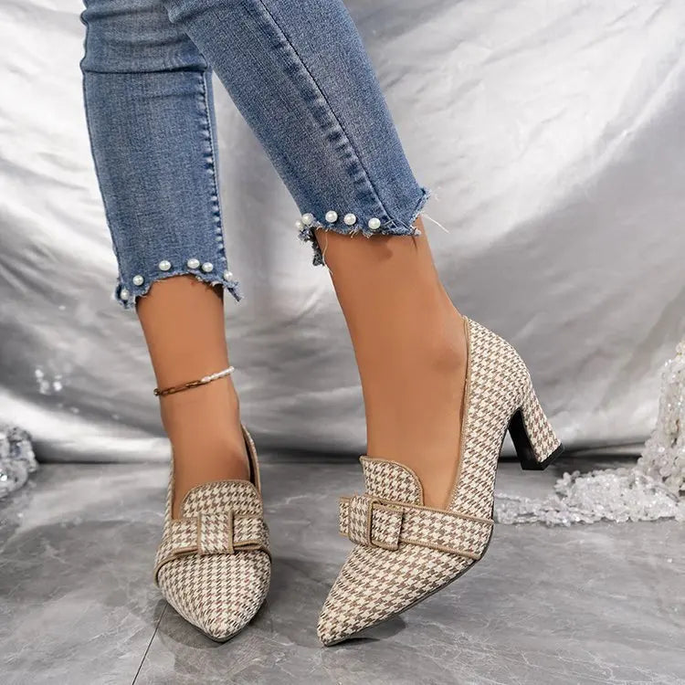 Pumps Women Houndstooth Bowknot Decor Chunky Shoes Point Toe Low Heel Wear Houndstooth Bowknot Decor Chunky Pumps