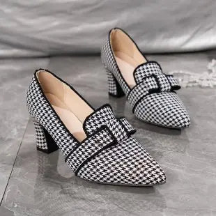 Pumps Women Houndstooth Bowknot Decor Chunky Shoes Point Toe Low Heel Wear Houndstooth Bowknot Decor Chunky Pumps