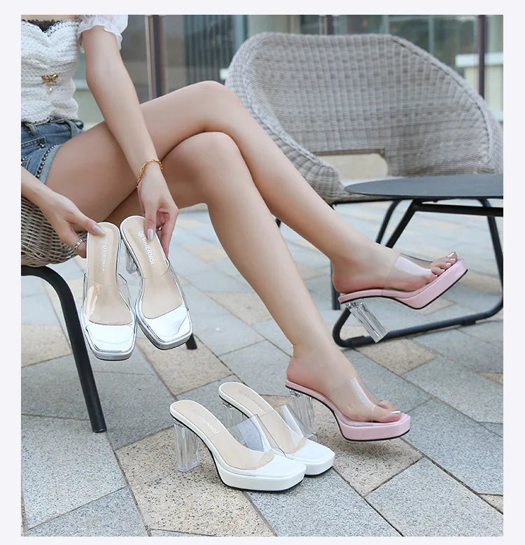 2023Transparent PVC Slippers Crystal Cup high-heeled Sexy Casual Shoes Plus Size  Women Open Toe Transparent Slippers