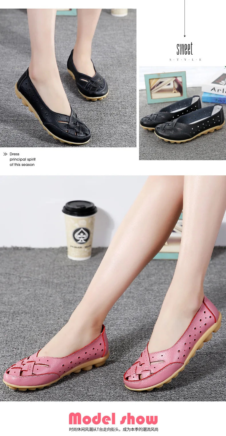 New Women Sandals Fashion Soft Sole Flat Heel Women Hollow Flat Shoes Woman Genuine Leather Shoes Female Casual 2023