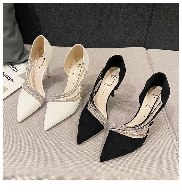 Pumps Women New Autumn Evening Party High Heels Ladies Pointed Toe Nude Leather Black Suede Gold Patent Leather Strappy