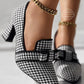 Pumps Women Houndstooth Bowknot Decor Chunky Shoes Point Toe Low Heel Wear Houndstooth Bowknot Decor Chunky Pumps