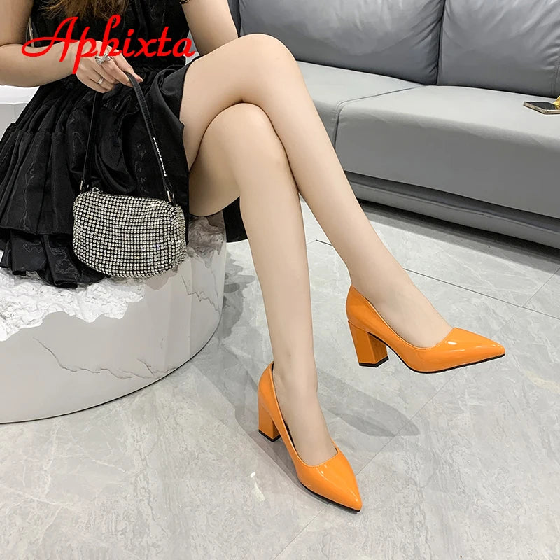 Aphixta New 2.9Inch Pointed Tou Patent Leather Shoes Women Pumps Purple Colorful Thick Heels Work Pointed Toe Heels Plus Size 50